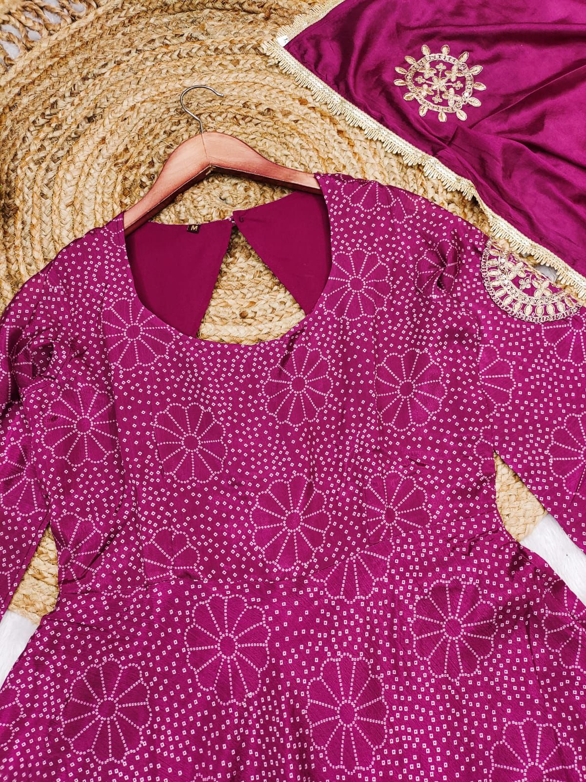Magenta Chinon Anarkali Gown Set with Floral Bandhani Print & Dupatta