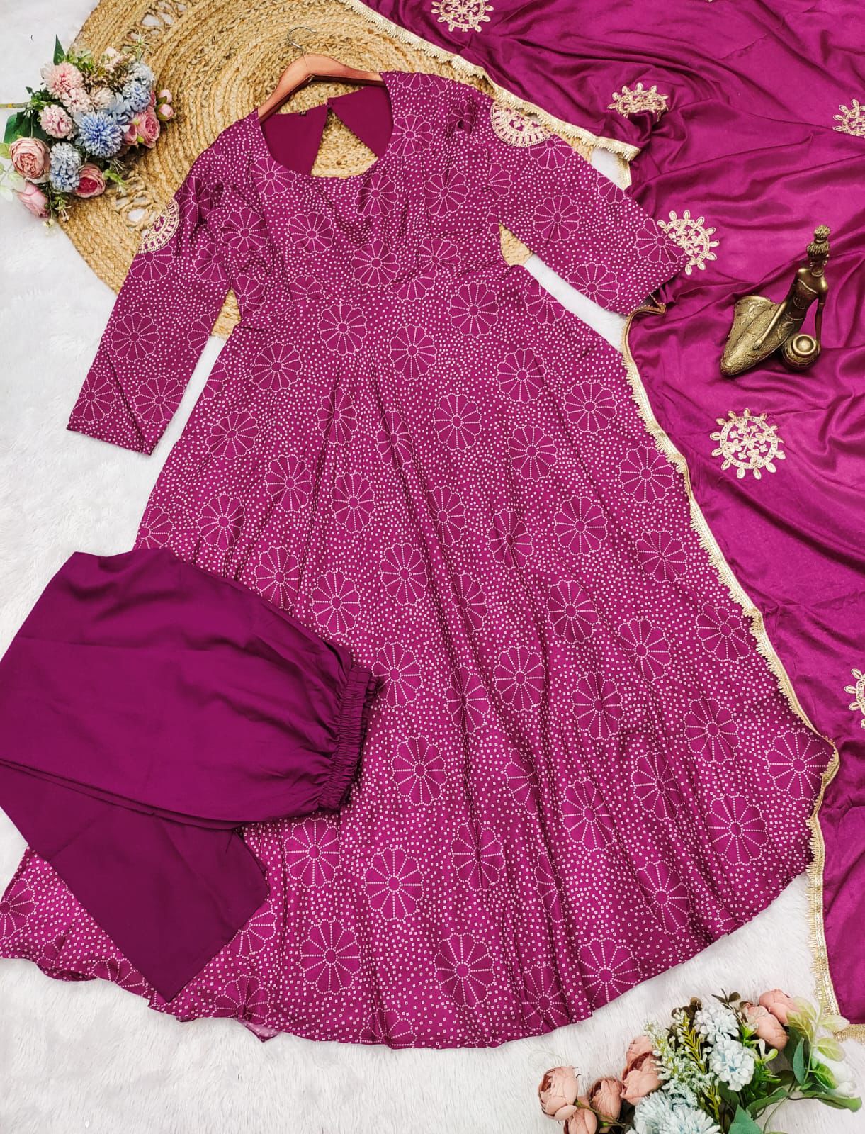 Magenta Chinon Anarkali Gown Set with Floral Bandhani Print & Dupatta