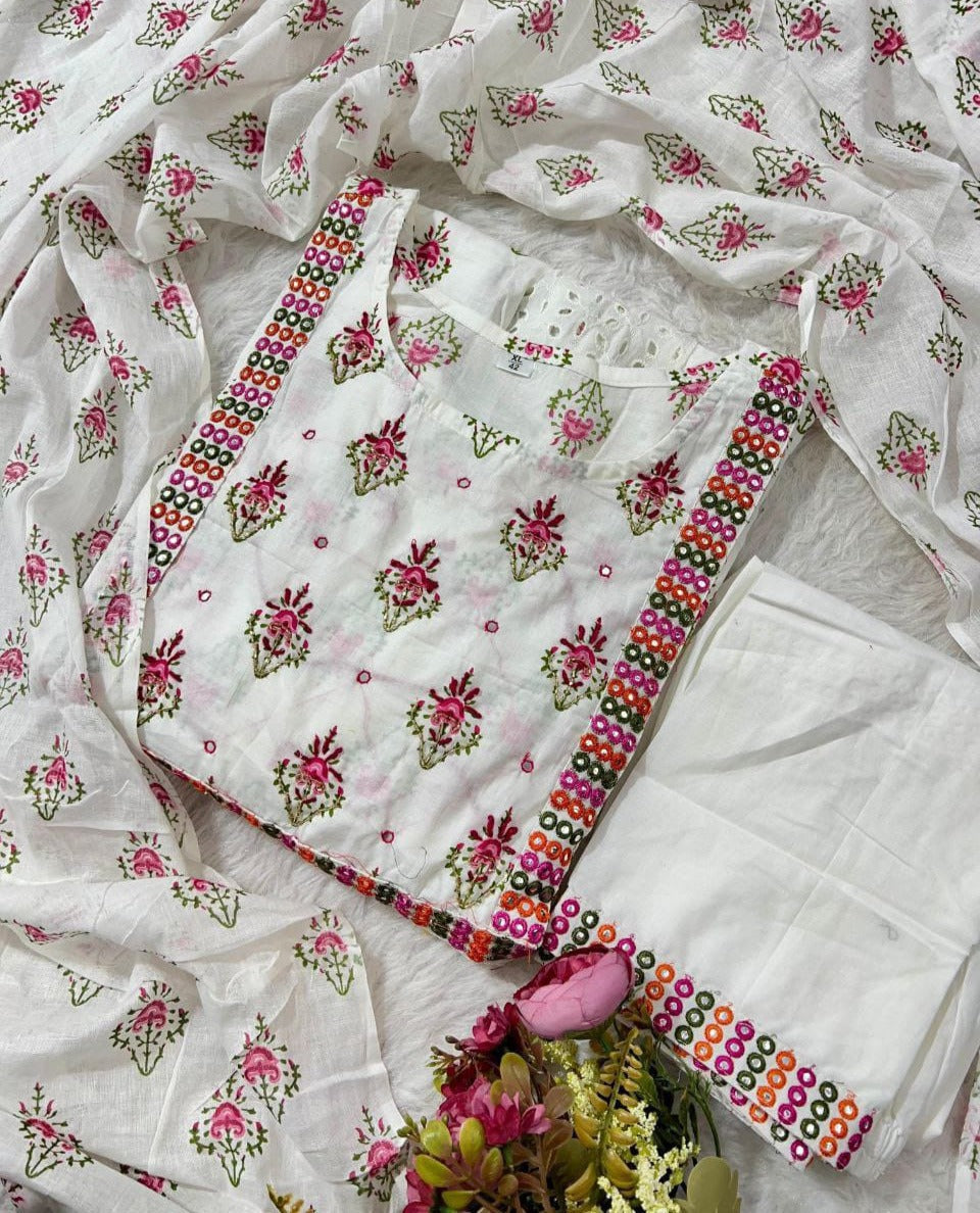 Cotton Chikankari Anarkali Kurta Set with Mirror Work & Malmal Dupatta