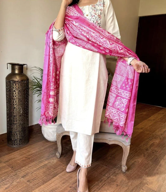 Handloom Khadi Cotton Embroidered Kurta Set with Khadi Silk Dupatta