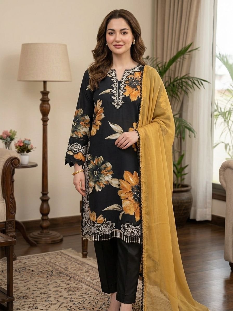 Black Printed Muslin Pakistani Suit Set with Dupatta