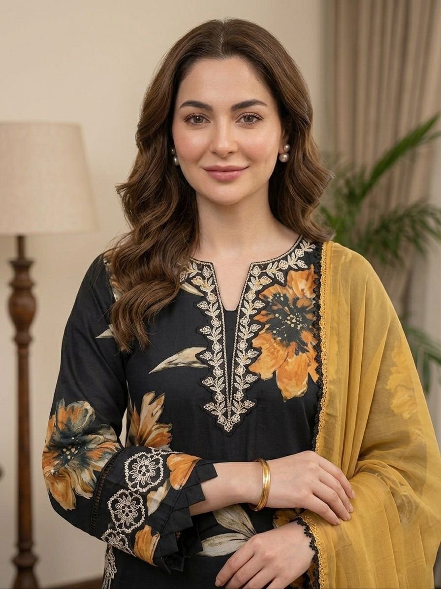 Black Printed Muslin Pakistani Suit Set with Dupatta