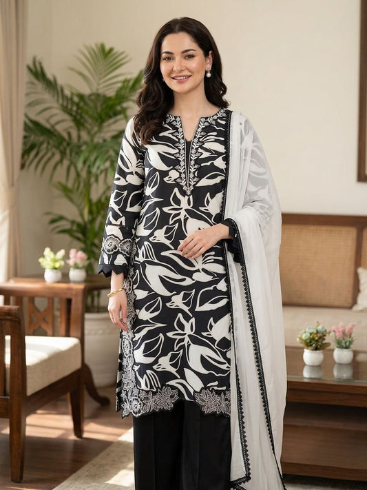 Black Printed Muslin Pakistani Suit Set with White Dupatta